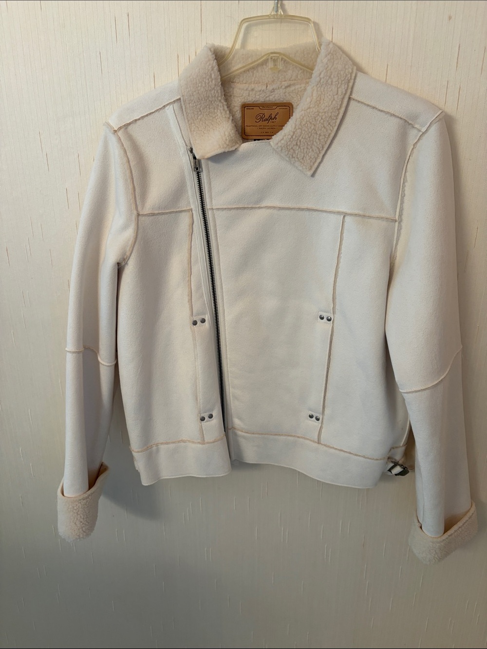 Ralph Lauren Cream Shearling-Trim Asymmetrical Zip Teddy Jacket